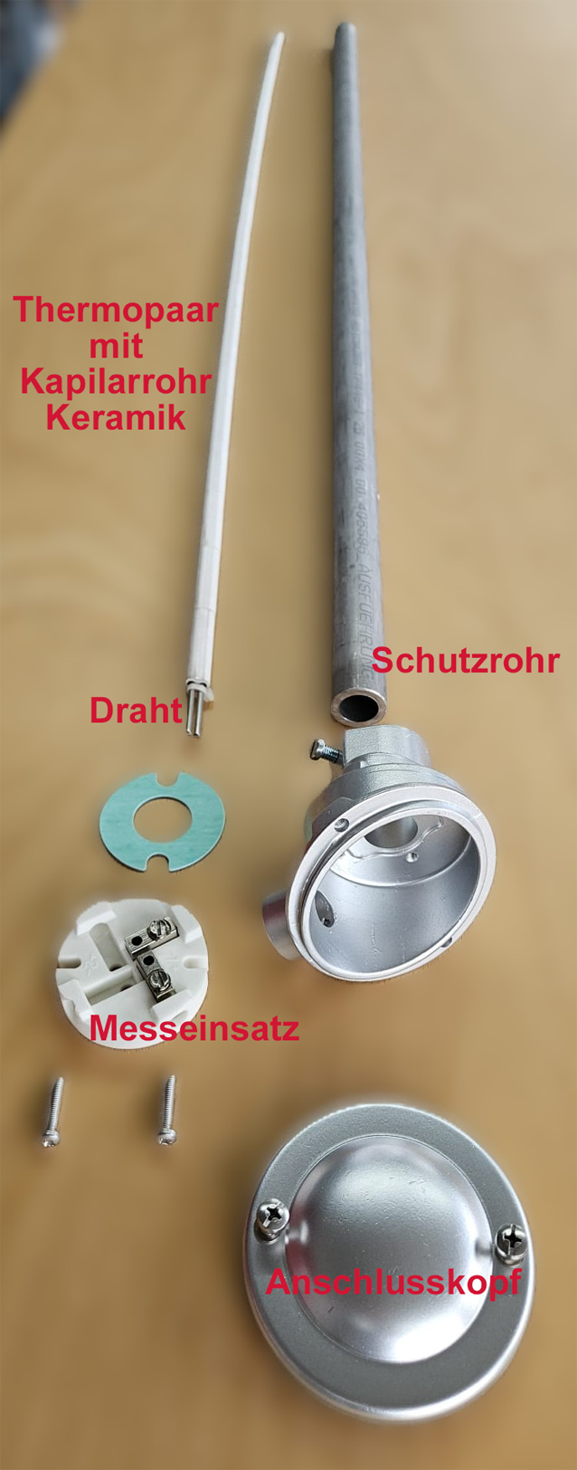 Einzelteilte eines Thermoelement-Schutzrohr mit den einzelnen Bezeichnungen