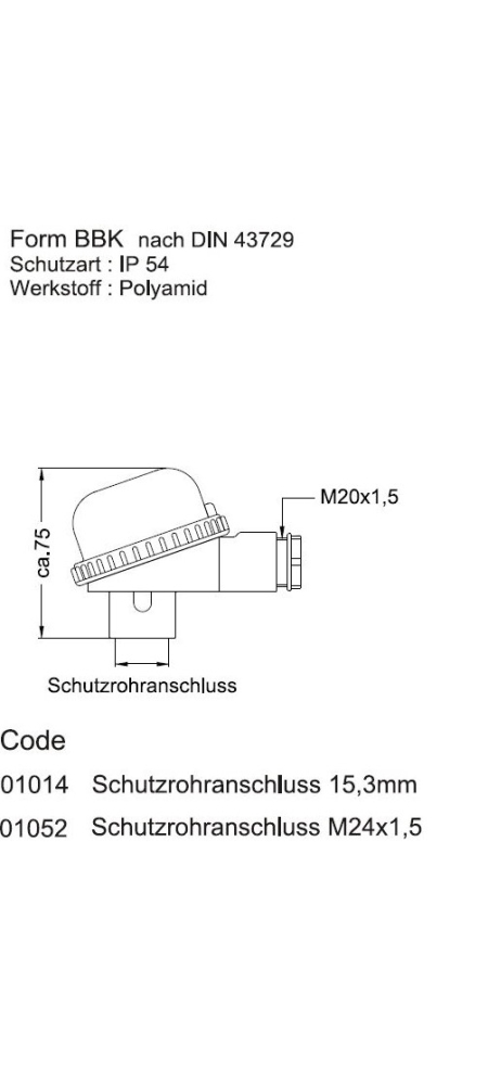 Masszeichnung für Anschlusskopf BBK aus Polyamid für Temperaturfühler